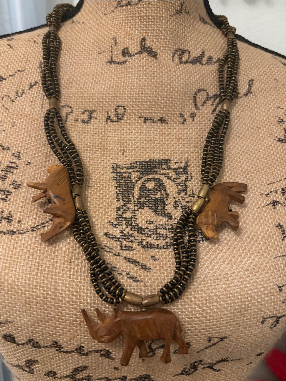 Hand-Carved Wood Rhino 2 Lions Necklace in Brown/Black metal beads